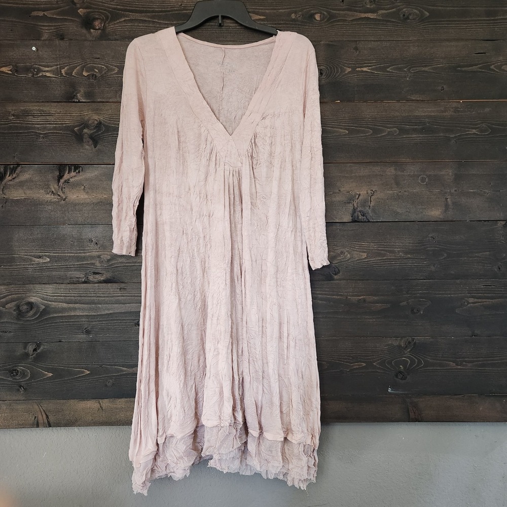 Lauren Vidal Paris Crinkle Mesh Hem V-Neck Dress Blush Pink XS Oversized